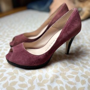 Sacha London Maroon/Red With Black Trim Leather Peep Toe Suede Formal Pumps 9